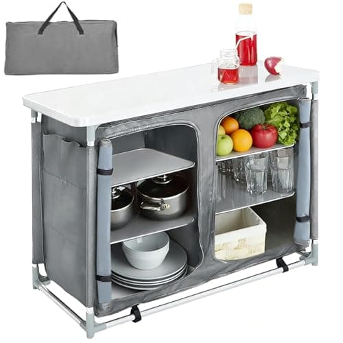 Image of The Fellie Camping Kitchen Folding Camp cupboards Outdoor Kitchen Tables and Storage Units for Picnic and BBQ Grey, 100x50x80cm