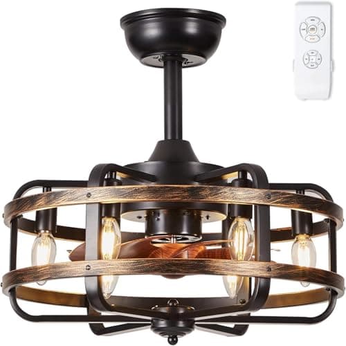 Image of Ceiling Fans with Lights Remote Farmhouse 46cm Flush Mount Industrial Caged Ceiling Fan 3 Speed Vintage Reversible Ceiling Fans with Lamps Retro for Bedroom Dining Room Kitchen 6x E14 Light Bulb Base