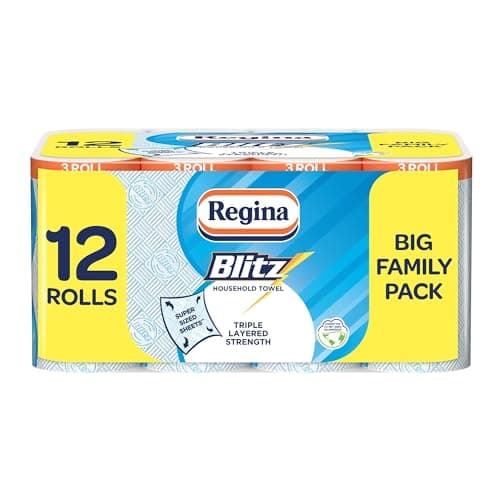 Image of Regina Blitz Household Towels – 12 Triple Layered Rolls, 70 Sheets Per Roll, Recyclable-Paper Packaging, FSC Certified Paper, 60% Larger Than Standard Kitchen Roll Sheets