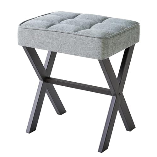Image of IBUYKE Square Makeup Stool with X-Leg Foot Rest, Linen Footrest, Ottoman Seat, Multi-Use as Small Side Table, for Bedroom, Living Room, Blue Gray L/G-70L