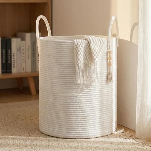 Image of Large 60L Woven Cotton Rope Storage Basket with Handles | Tall Laundry & Toy Organiser for Nursery, Living Room & Bedroom | Soft, Foldable Blanket Basket (White)