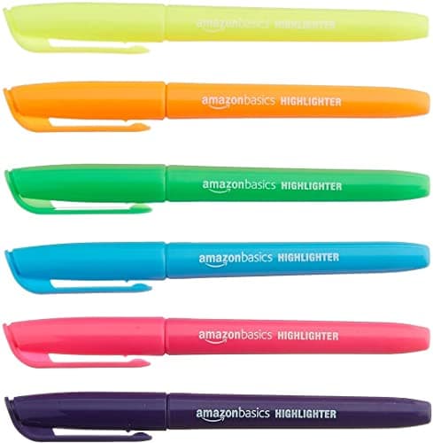 Image of Amazon Basics Highlighters Pack of 12 with 6 Assorted Neon Colours, Durable Chisel Tip, Pens for Adults and Kids, Multicolour