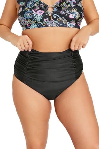 Image of Yours Curve Ruched Super High Waisted Tummy Control Bikini Briefs - Women's - Plus Size Curve Black