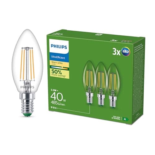 Image of Philips Classic Ultra-efficient LED Bulb with Energy Efficiency Class A, E14 Base, Replaces 40W, Clear, Warm White Light, Candle Shape, Pack of 3