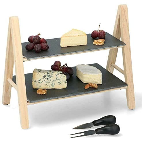 Image of Vivo Technologies 2 Tier Wooden Slate Cake Stand Serving Display Board Wedding Afternoon Tea Tiered Serving Display Food Serving Tapas Sushi Appetiser Dishes Serving Tray Plates Platters