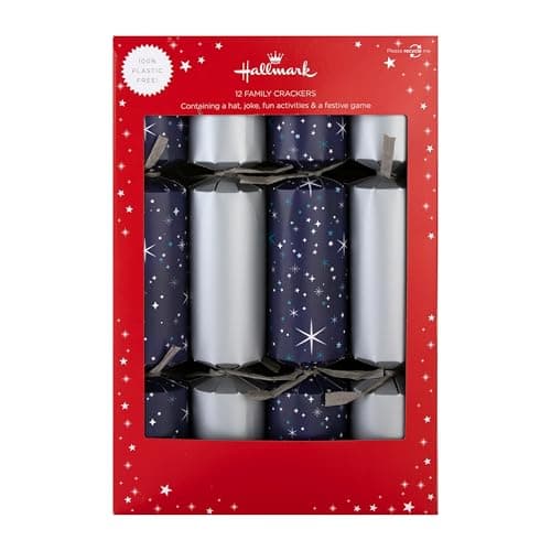Image of Hallmark Christmas Crackers, 2 Silver & Blue Starry Sky Designs, Pack of 12 in 2 Designs, Snakes & Ladders, Silver & Blue