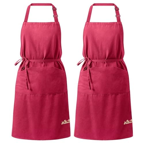 Image of Viedouce 2 Packs Red Cotton Aprons, Adjustable Chef Aprons with Pockets for Adults, One Size Fits All, 82x70 cm