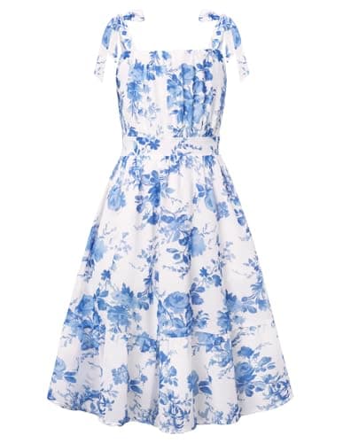 Image of GRACE KARIN Girl's Square Neck Chiffon Dress with Adjustable Straps, A-Line Casual Summer Floral Dress Blue White Porcelain Print 10 Years