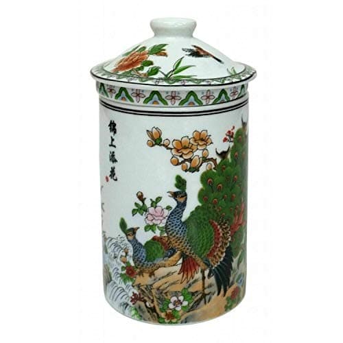Image of Porcelain Chinese Tea Mug with Infuser and Lid - Peacocks Pattern