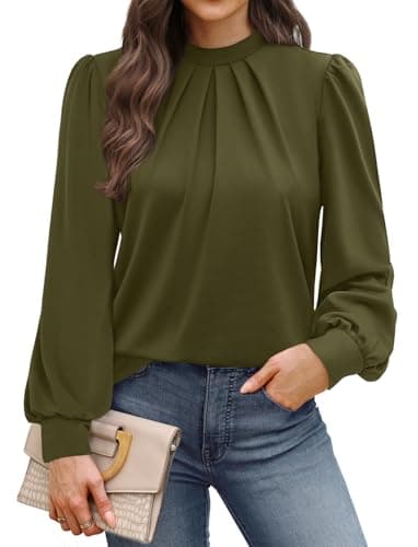 Image of WIHOLL Blouses for Women Long Sleeve Tops Mock Neck Pleated Shirts Ladies Tops Business Loose Fit Size 22-24 Dark Green
