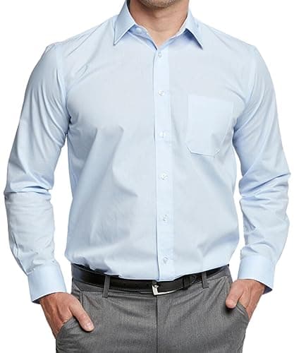 Image of Double Two Men's Shirts Long Sleeve Smart Casual Regular Fit Wedding Work Cotton Blend Light Blue Shirt - Collar 15.5", Chest 40"