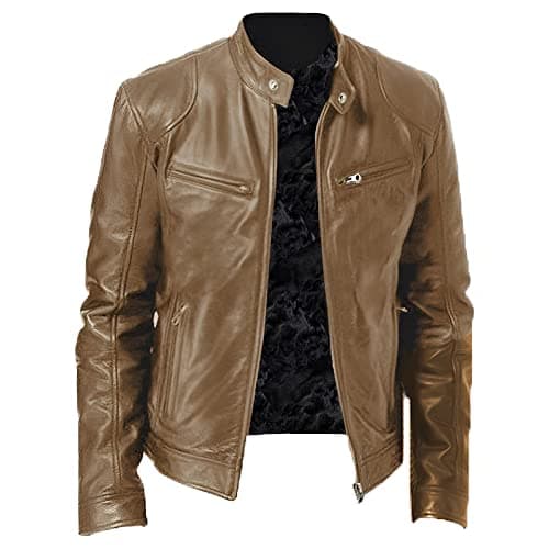 Image of Generisch Men's Running Jacket Breathable Zip Faux Leather Biker Jacket Long Sleeve Jacket Running Sports Men, khaki, XXL