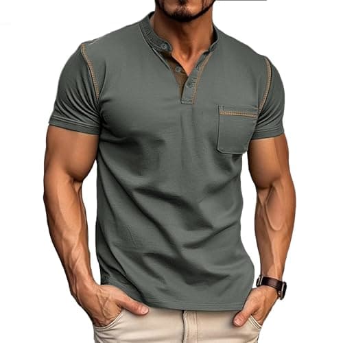 Image of Mens Henley T-Shirts Cotton Short Sleeve Shirts Casual Summer Shirt Tops Grey T Shirt Men M
