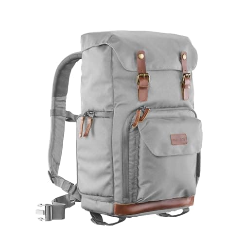 Image of Mantona Luis Retro Photo Backpack (Genuine Leather Applications, incl. rain Cover, Flexible Divider and Laptop Compartment, Suitable for 1x DSLR Camera, 3X Lenses and Various Photo Accessories) Grey