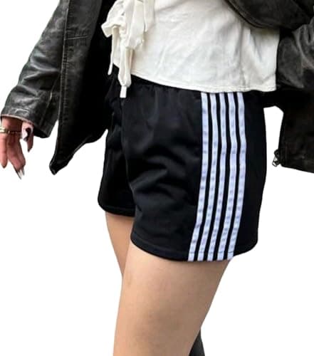 Image of Betrodi Women Y2k Striped Shorts Elastic Waist Side Stripe Casual Lounge Short Pants Bottoms Loose Workout Sweat Shorts (Casual Black, L)