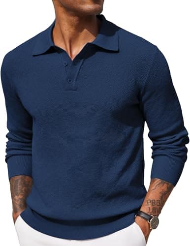 Image of COOFANDY Mens Polo Jumper Long Sleeved Poloshirts Fine Knit Sweater Winter Sweatshirts Dark Blue XL