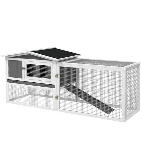 Image of PawHut Rabbit Hutch with Run Wooden Guinea Pig Hutch Outdoor Bunny Cage Hide House with Sliding Tray, Hay Rack, Ramp, 156 x 58 x 68cm, Grey