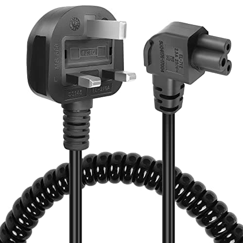 Image of GELRHONR Coiled C5 Cloverleaf Mickey Mouse Power Cord, 90 Degree 3 Pin BS 1363 to C5 AC Power Lead Spring Spiral Cable for Laptop PC Monitors,Computer, Printer,Scanners (Right Angled C5)
