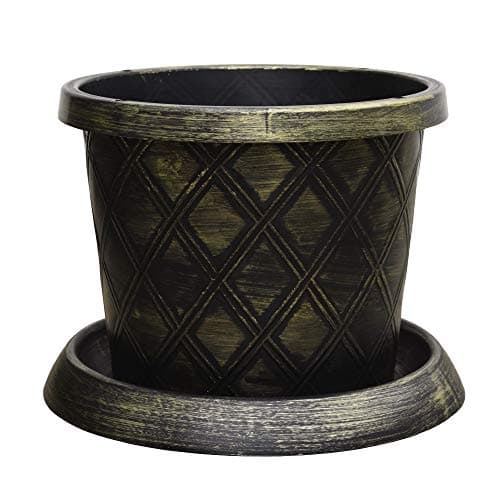 Image of Outdoor Large Garden Patio Container & Saucer Stunning black and gold lattice effect Ideal for planting flower plugs shrub and vegetables 1 x 39cm Pot and Saucer by Thompson and Morgan