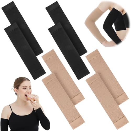 Image of 4 Pairs Compression Arm Sleeves for Women, Plus Size Arm Shapers for Women, Upper Arms Compression Sleeves, Elastic Slimming Fitness Shapers (2 Black, 2 Skin)