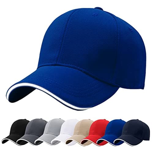 Image of Baynetin Men Baseball Caps, 100% Cotton 6 Pannels Plain Solid Color Hat,Pre-Curved Visor with Sandwich. Adjustable Breathable Summer Sun Hat Sports Cap for Outdoor. (Blue)