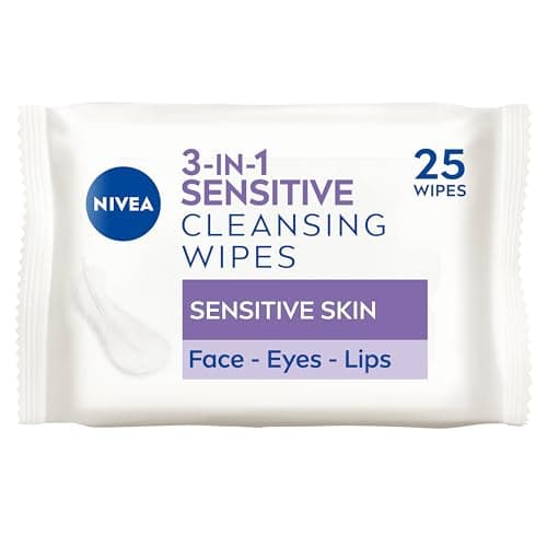 Image of NIVEA 3-in-1 Sensitive Cleansing Wipes (25 Sheets), Plant-Based Makeup Remover, Face Wipes for Sensitive Skin, Gentle Yet Effective Makeup Removal (Pack of 6)