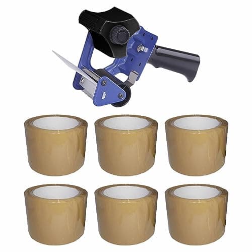 Image of 75mm Blue Packing Tape Dispenser with 3" Roll Tapes, Box Packaging Tape Gun with Steel Blade, Heavy Duty Tape Rolls for Packing Boxes Moving House Essentials (Tape Dispenser + 6 Brown Tape)
