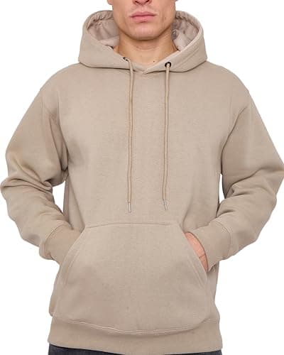Image of LABEL APPAREL Mens Pullover Fleece Hoodie 300GSM Sweatshirt Plain Hoody Work Hooded Jumper Ribbed Cuff Long Sleeve Pull Over Top, Beige, L