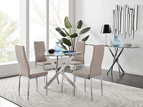 Image of Furniturebox UK Novara Modern Round Chrome Metal and Clear Glass Dining Table and 4 Stylish Faux Leather Chrome Leg Milan Dining Chairs Set (Dining Table + 4 Cappuccino Grey Milan Chairs)