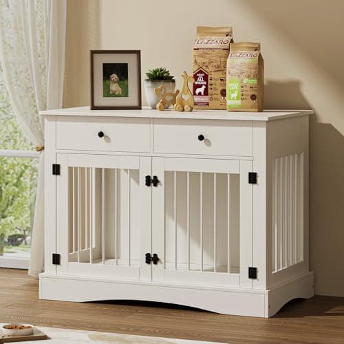 Image of The Fellie Wooden Dog Crates with 2 Large Drawer Storage, Indoor Wooden Pet Kennel with Double Door, Large Dogs Crate Furniture for Dogs, Lockable Decorative Pet House, End Table, 113x60x87.5cm, White