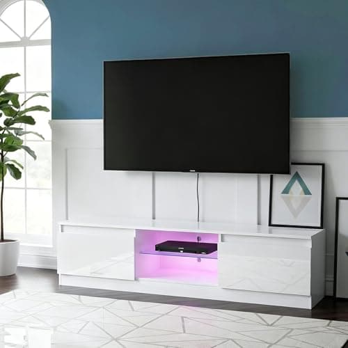 Image of Senvoziii Modern TV Cabinet Led Light White High Gloss Front TV Stand Unit 160CM with 2 Doors 2 Glass Shelves TV Units for TVs up to 75 Inches