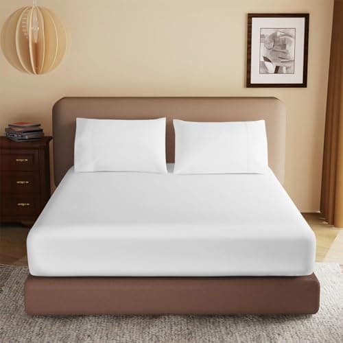 Image of 100% Egyptian Cotton King Size Fitted Sheet, 400 Thread Count King Fitted Sheet 40cm Extra Deep Kingsize Bed Sheets Luxury Easy Care Matress Sheet Cover