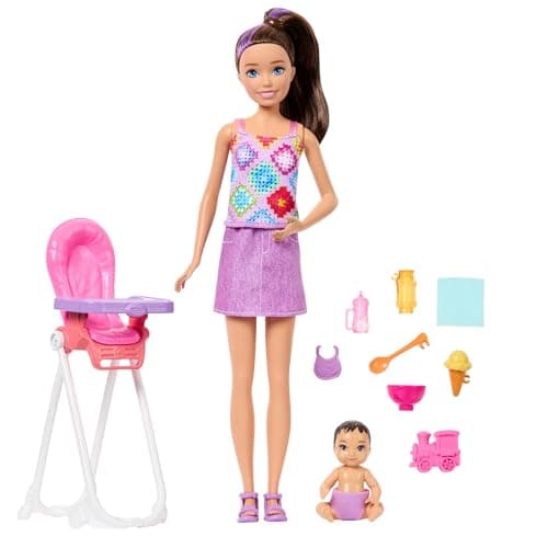 Image of Barbie Skipper Babysitters Inc. Playset with Brunette Doll, Brunette Toddler Doll, High Chair & 8 Accessories Including Food, JJB44