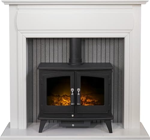 Image of Adam Florence Stove Fireplace in Pure White with Woodhouse Electric Stove in Black, 48 Inch