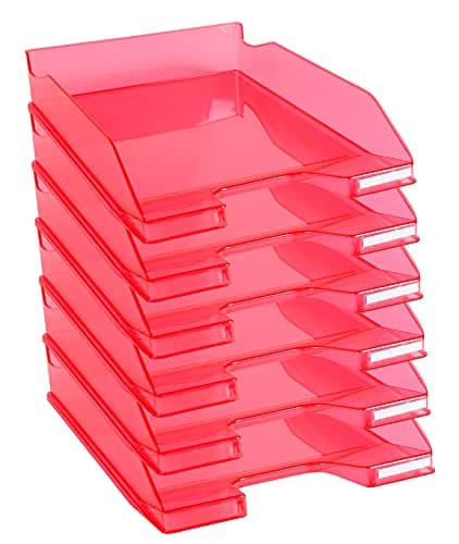 Image of Exacompta - Ref. 113254D - set of 6 COMBO MIDI letter trays - dimensions 34.6 x 25.5x 6.5 cm - for A4 + format documents - transparent glossy raspberry color