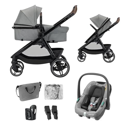 Image of Maxi COSI Zelia Select Trio, Baby Stroller 3 in 1 with Car Seat, 0-4 Years (0-22 kg), One-Hand Fold, Compact and Reversible Pushchair Travel System, with CabrioFix S i-Size Baby Car Seat, Grey