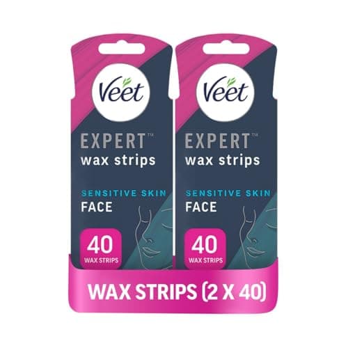 Image of Veet Expert Cold Wax Strips, Hair Removal, Face, Sensitive Skin, 40 Strips each, 4 Finish Wipes, with Almond Oil, Pack of 2