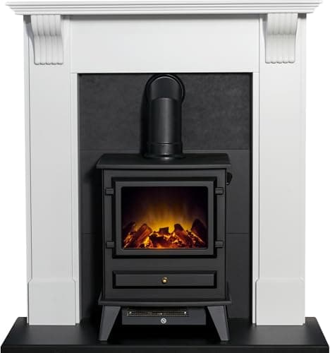 Image of Adam Harrogate Stove Fireplace in Pure White & Black with Hudson Electric Stove in Black, 39 Inch