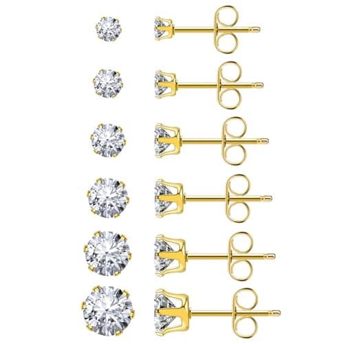 Image of DOETYD 1 Pair Sterling Gold Stud Earrings for Women，Hypoallergenic Golden Zirconia Earrings with Gift Box,Size 7mm
