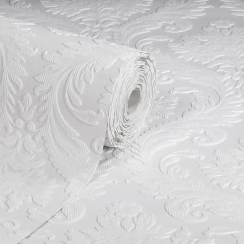 Image of SOPHIE LAURENCE White Damask Paintable Wallpaper | Embossed | Blown Textured Vinyl | Slightly Imperfect | Thick & Heavy | Disguise Imperfections | Personalise by Painting