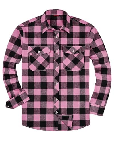 Image of siliteelon Flannel Shirt Checked Shirt for Men Plaid Shirt Cotton Lumberjack Regular Fit Men's Long Sleeve,XL Pink