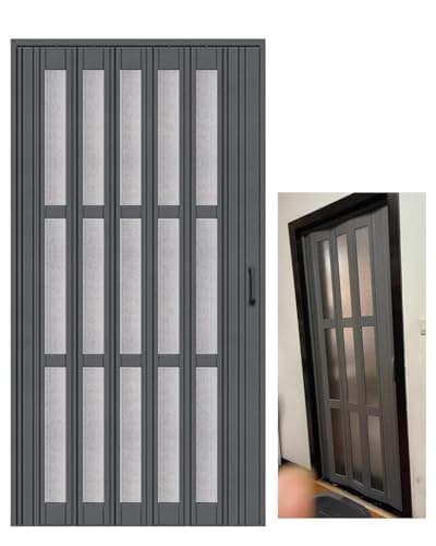 Image of Concertina Door, Internal Gray Folding Door with Frosted Acrylic Window & Handle, PVC Accordion Sliding Doors, Kitchen Barn Divider Door for Closet Living Room(30x39in (76x100cm))