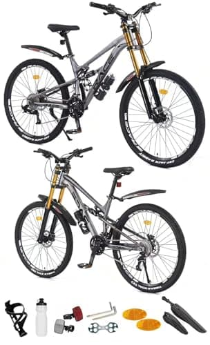 Image of 24”, 26”, 27.5 Inch Mountain Bike, Adult Bicycle, Teenager Bike, Unisex MTB, Men & Women’s Bike, Sport’s Cycle, Dual Suspension,19 KG Lightweight, Aluminium Frame, Dual Disc Brake, 21 Speed (26 Inch)