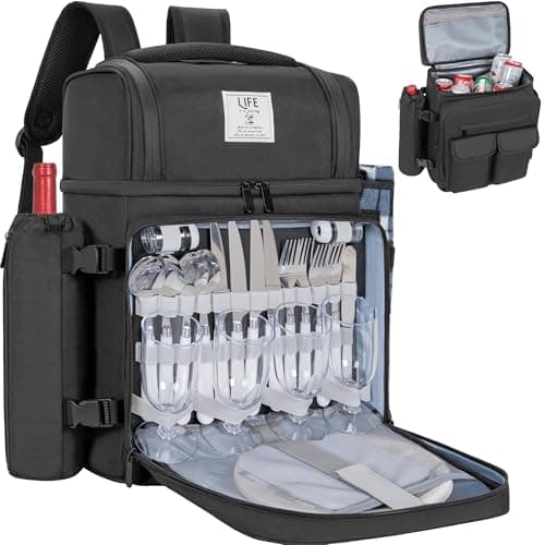 Image of 30L Picnic Backpack, 4 Person Cooler Backpack with 2 Insulated Leakproof Cooler Compartment, Lunch Bag with 4 Cutlery Sets, Wine Holder, Fleece Blanket, Picnic Bag Perfect for Beach, Camping, Hiking