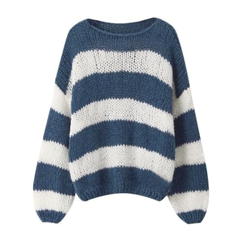Image of Geagodelia Women's Striped Jumper Oversized Knitted Sweater Ladies Long Sleeve Crew Neck Knitwear Pullover Top Streetwear Autumn Winter UK (Blue & White, M)