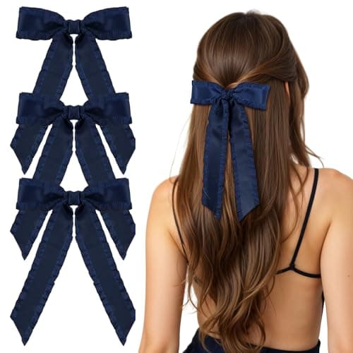 Image of 3Pcs Navy Blue Hair Bows Tassel Hair Ribbon Bow Hair Clip Ruffle Bow Clips College Style Barrettes Hair Accessories for Women Girls