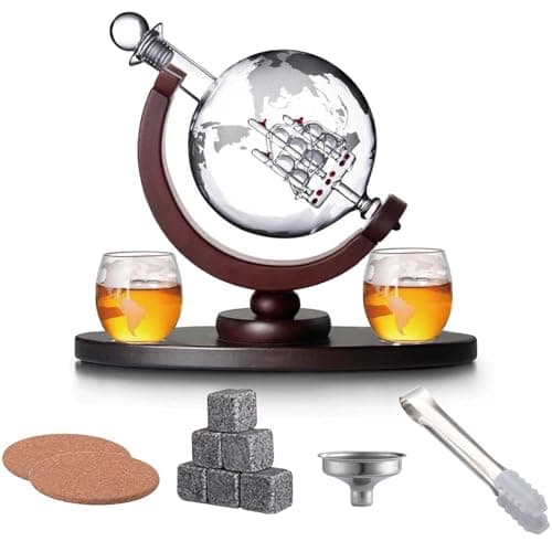 Image of Whiskey Decanter and Glass Set Whiskey Dispenser Whiskey Carafe Globe Decanter with Long Elliptical Base 2 Glasses 6 Ice Cubes Coaster Airtight Stopper, Glass Gift Sets for Wine Whiskey Scotch Vodka