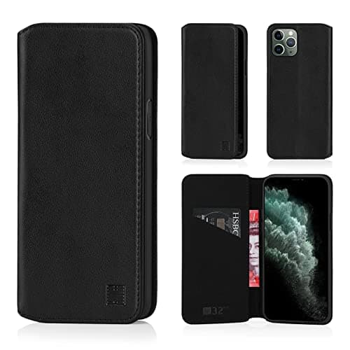 Image of 32ndShop 32nd Classic Series 2.0 - Real Leather Book Wallet Flip Case Cover For Apple iPhone 11 Pro Max (6.5"), Real Leather Design With Card Slot, Magnetic Closure and Built In Stand - Black