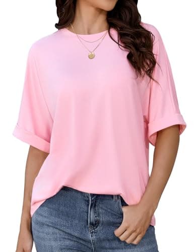 Image of CMTOP T-Shirt Womens Tops Summer Casual T Shirts Crew Neck Short Sleeve Loose Fit Tshirts Basic Drop Shoulder Capsleeve Ladies Tops Baggy Style Tunic Tops (Pink, M)