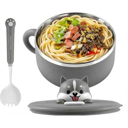 Image of 1200ml Ramen Bowls Stainless Steel Noodle Bowl with Lid and Spork, Speedy Soup Bowl with Handles Cute Salad Bowls Heat Resistant Instant Serving Noodle Cooker Pasta Bowl for Office, Home, Dorm
